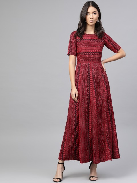 

ROZVEH Women Maroon & Black Printed Maxi Dress