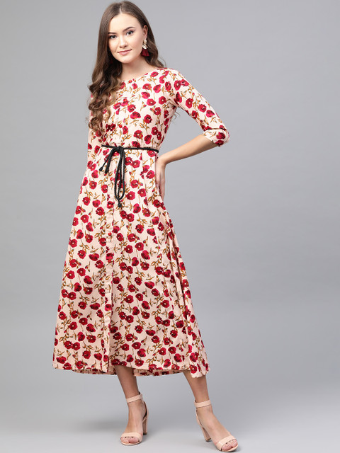

ROZVEH Women Peach-Coloured & Pink Printed A-Line Dress
