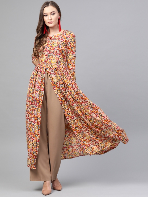 

ROZVEH Women Beige & Red Kalamkari Printed High Slit A-Line Kurta