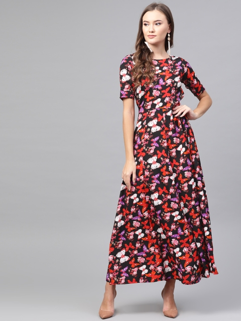

ROZVEH Women Black & Red Butterfly Print Maxi Dress