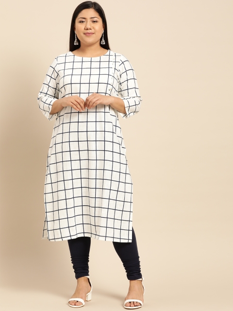 

aLL Plus Size Women White Navy Blue Checked Straight Kurta