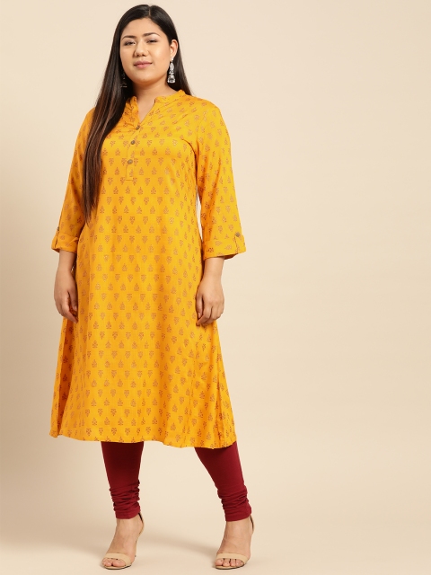 

aLL Plus Size Women Mustard Yellow Golden Printed A-Line Kurta