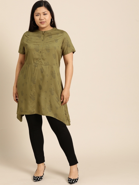 

aLL Plus Size Women Olive Green Black Printed A-Line Top