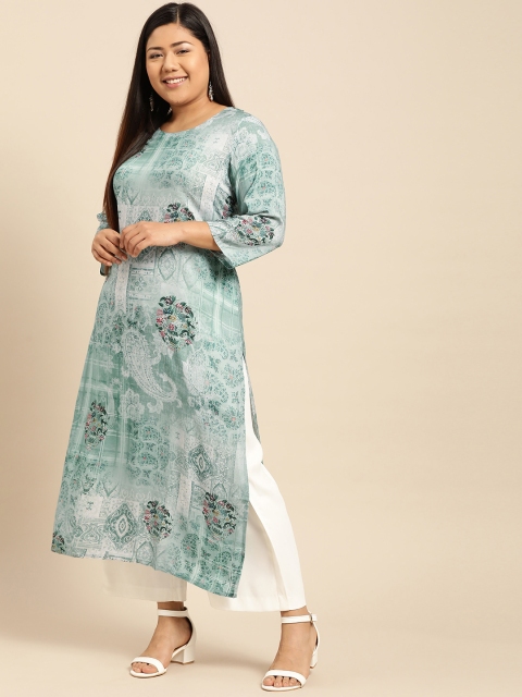 

aLL Plus Size Women Green White Printed Liva Straight Kurta