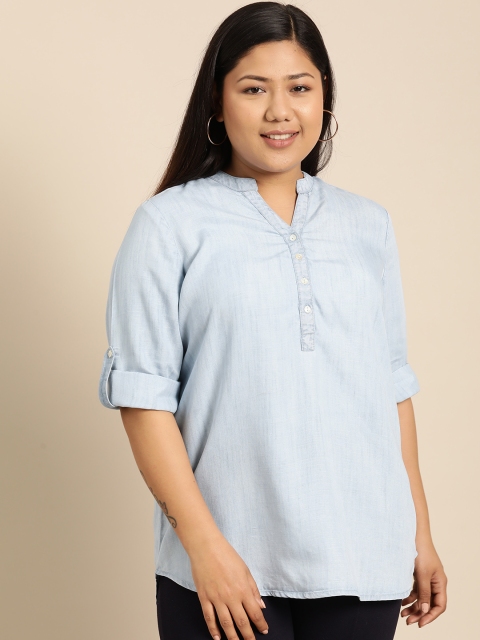 

aLL Plus Size Women Blue Solid High-Low Chambray Top