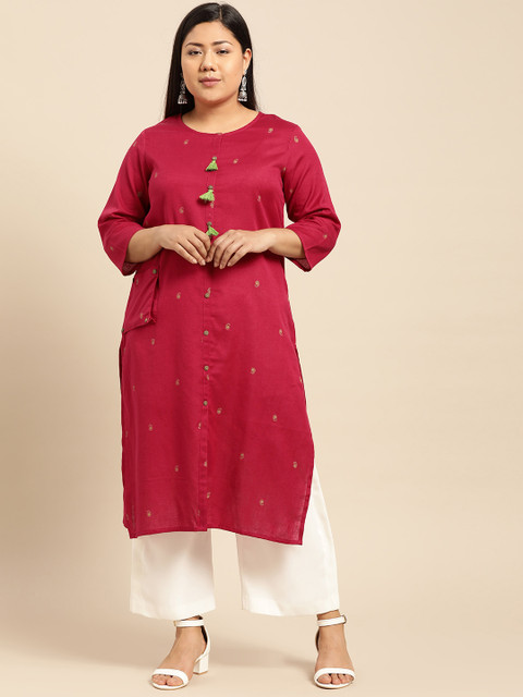 

aLL Plus Size Women Magenta Golden Woven Design Straight Kurta