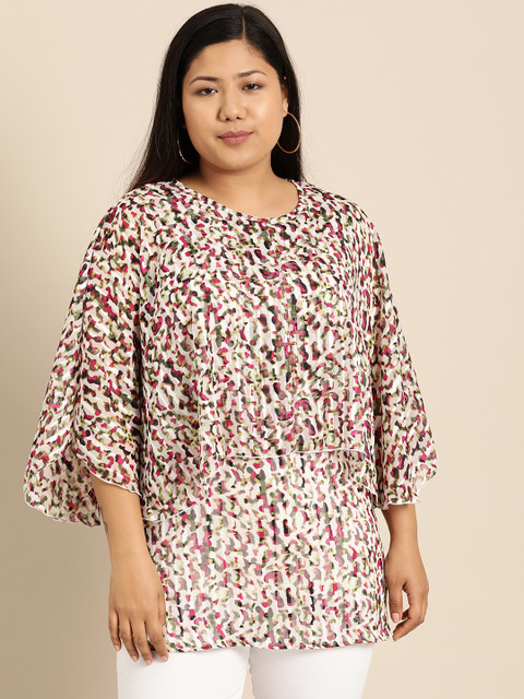 

aLL Plus Size Women Off-White Pink Printed Semi-Sheer Top