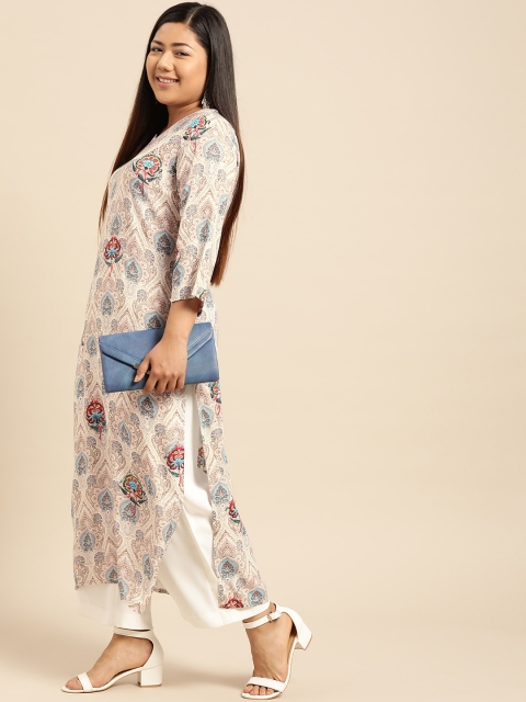 

aLL Plus Size Women Off-White Beige Printed Straight Kurta