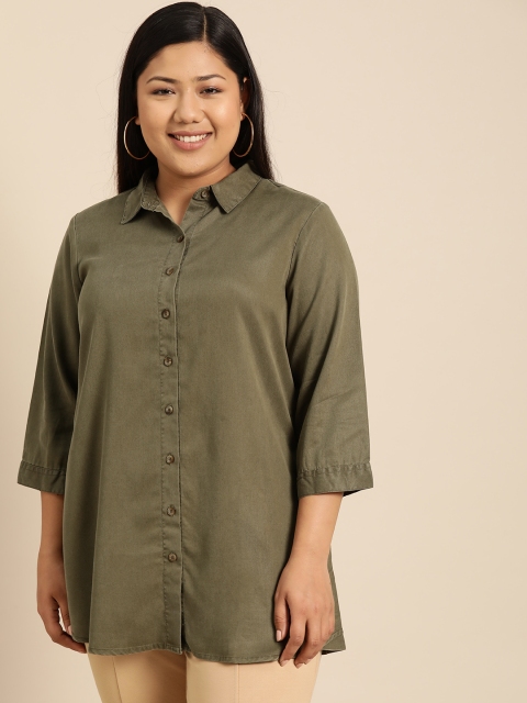 

aLL Plus Size Women Olive Green Regular Fit Solid Casual Shirt