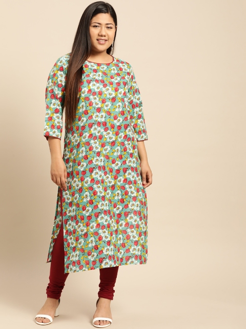

aLL Plus Size Women Green Red Printed Straight Kurta