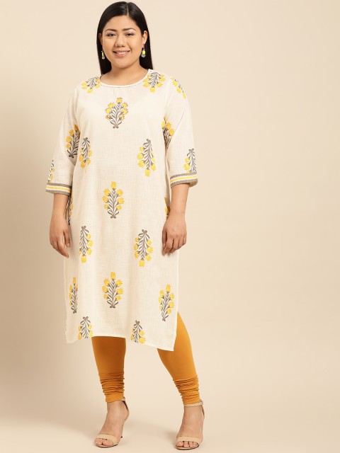 

aLL Plus Size Women Off-White Mustard Yellow Printed Straight Kurta