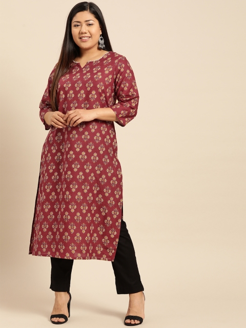 

aLL Plus Size Women Rust Red Beige Printed Straight Kurta
