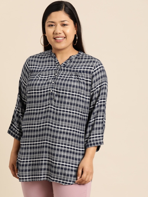 

aLL Plus Size Women Navy Off-White Checked Top, Navy blue