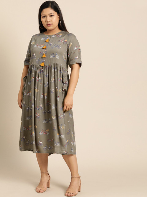 

aLL Plus Size Women Grey Blue Printed A-Line Dress