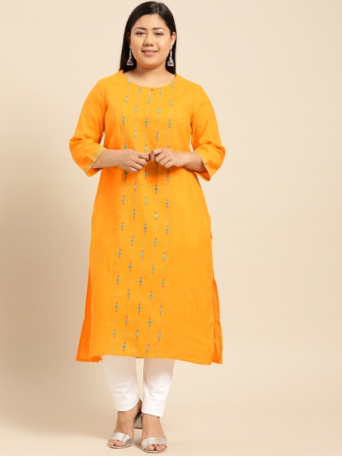 

aLL Plus Size Women Yellow Embroidered Straight Kurta