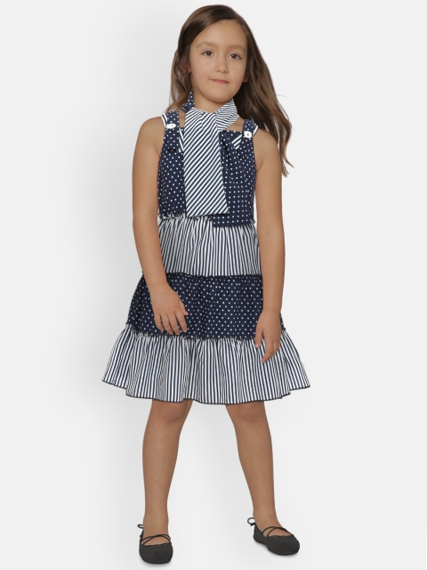 

Peppermint Girls Navy Blue & White Printed Fit and Flare Dress