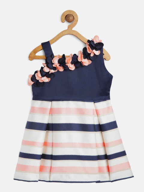 

Peppermint Girls Navy Blue & Peach-Coloured Striped Fit and Flare Dress