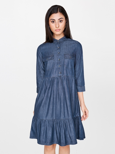 

AND Women Blue Solid Fit and Flare Dress