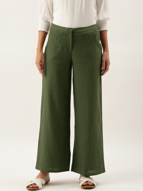 

AND Women Olive Green Regular Fit Solid Parallel Trousers