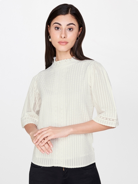 

AND Women White Striped Regular Top