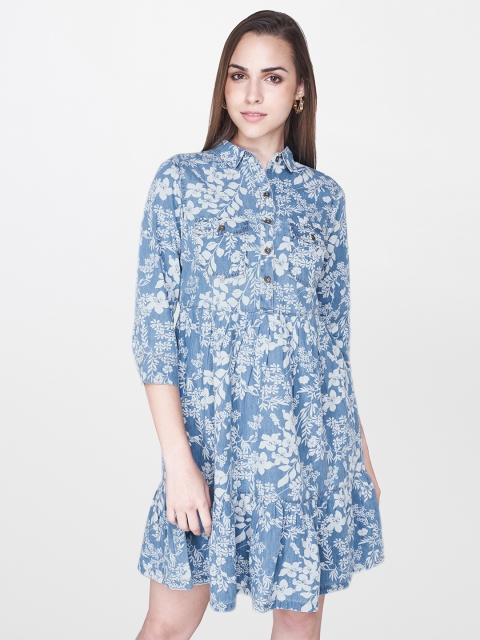 

AND Women Blue & Off-White Printed Fit and Flare Dress