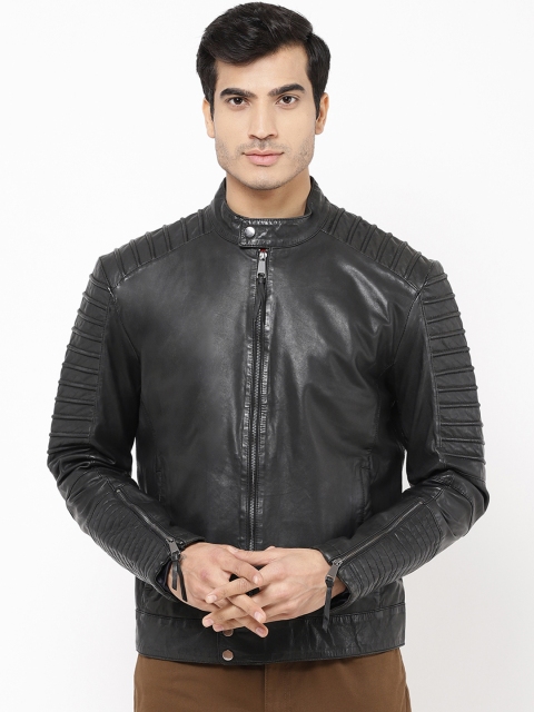 

STROP Men Black Solid Leather Jacket