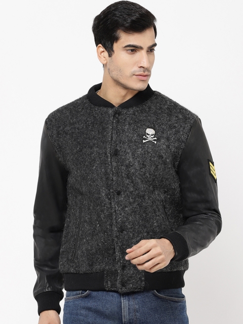 

STROP Men Charcoal Grey Solid Bomber Jacket