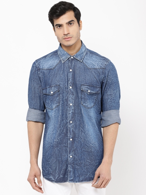 

STROP Men Blue Slim Fit Printed Casual Denim Shirt