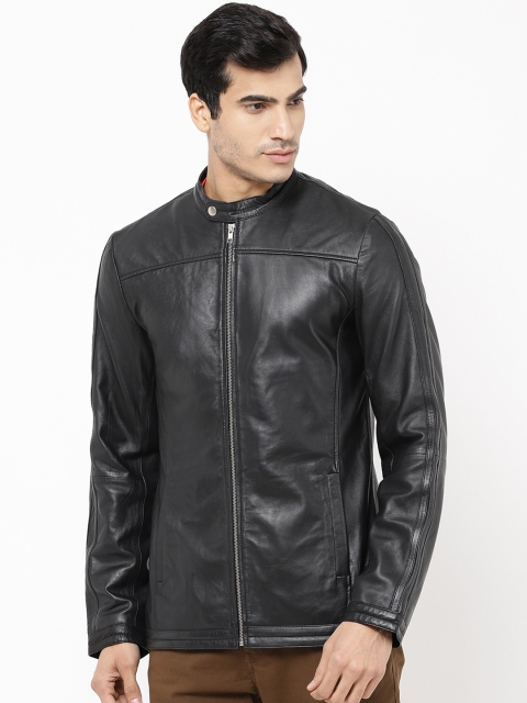 

STROP Men Black Solid Leather Jacket