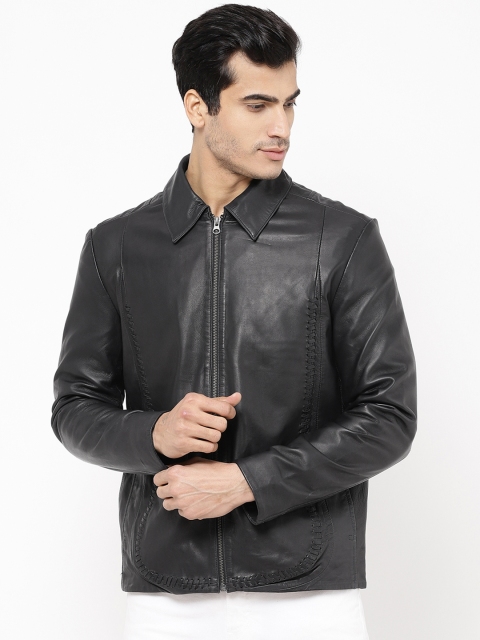 

STROP Men Navy Solid Leather Jacket, Navy blue