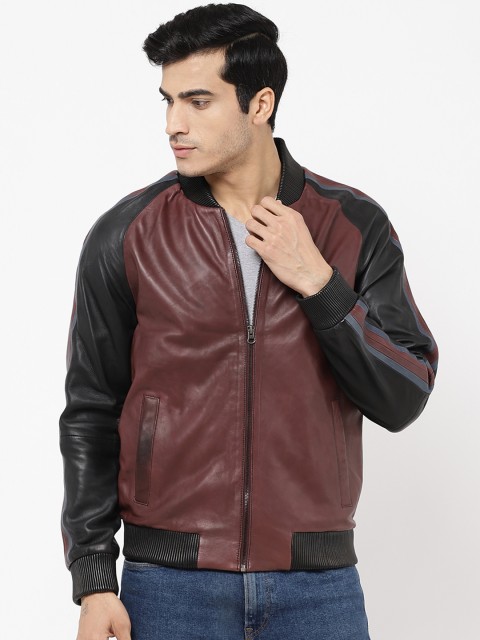 

STROP Men Brown Solid Leather Jacket