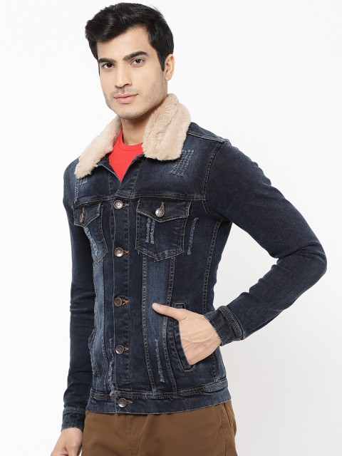 

STROP Men Navy Blue Solid Denim Jacket