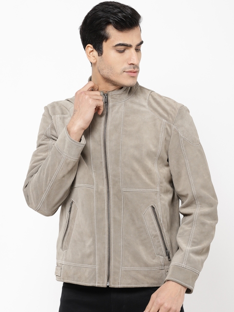 

STROP Men Grey Solid Leather Jacket