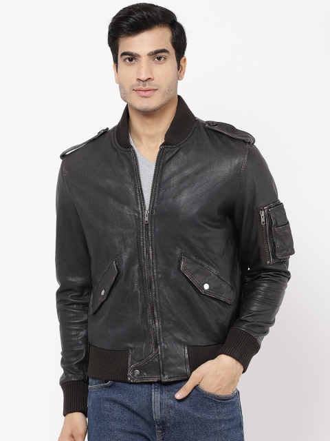 

STROP Men Brown Solid Leather Jacket