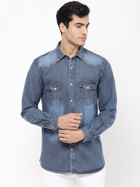 

STROP Men Navy Blue Slim Fit Solid Casual Denim Shirt