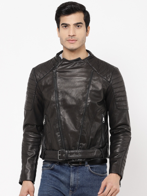 

STROP Men Coffee Brown Solid Asymmetric Closure Leather Jacket