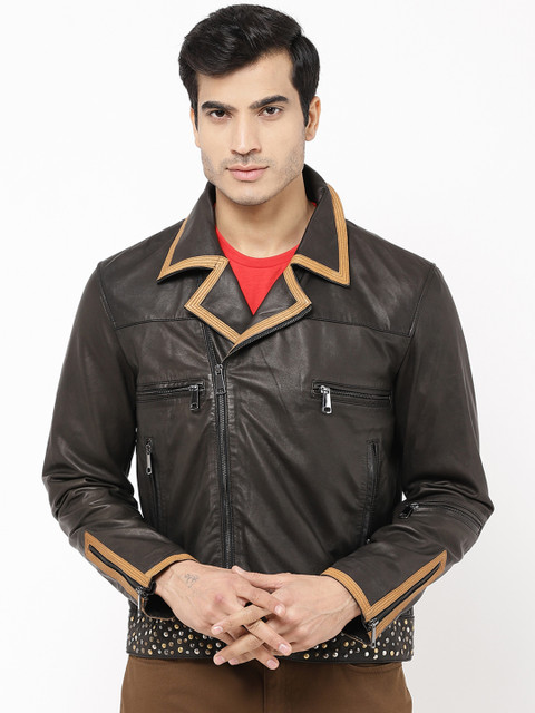 

STROP Men Coffee Brown Solid Asymmetric Closure Leather Jacket