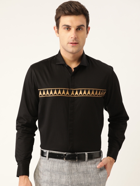 

STROP Men Black & Golden Regular Fit Printed Detail Partywear Shirt