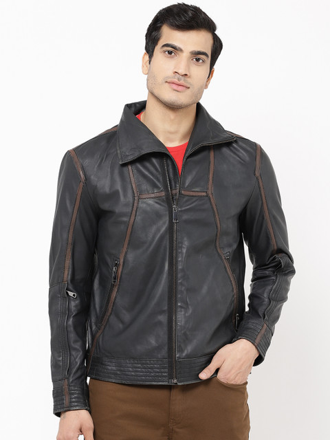 

STROP Men Black Solid Leather Jacket