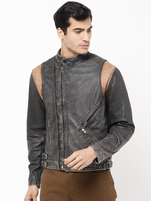 

STROP Men Charcoal Grey Washed Biker Leather Jacket