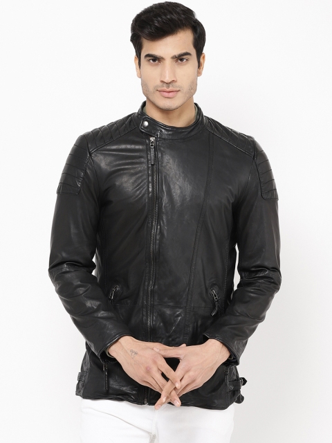 

STROP Men Black Solid Leather Jacket