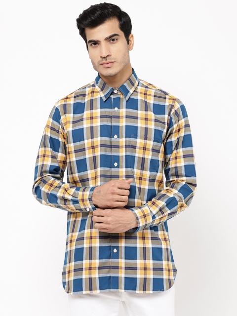 

STROP Men Teal Blue & Mustard Yellow Regular Fit Checked Casual Shirt