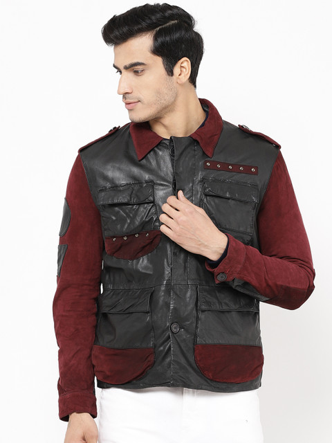 

STROP Men Black & Maroon Solid Leather Jacket