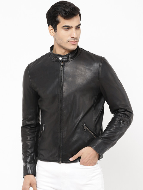 

STROP Men Black Hand Polished Solid Leather Jacket