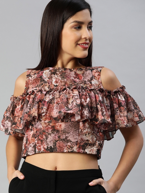 

Inddus Women Brown & Pink Georgette Digital Printed Tiered Cropped Top With Ruffled Detail