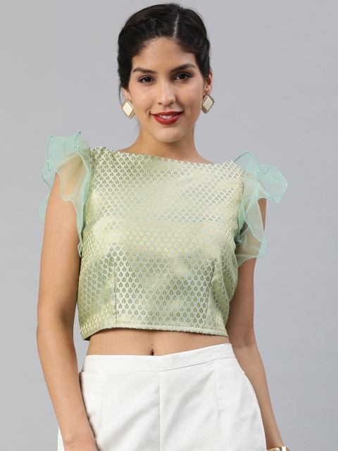 

Inddus Women Sea Green Self Design Net Ruffle Sleeve Crop Top