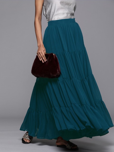

Inddus Women Teal Blue Solid Georgette Ruffle Tiered Skirt