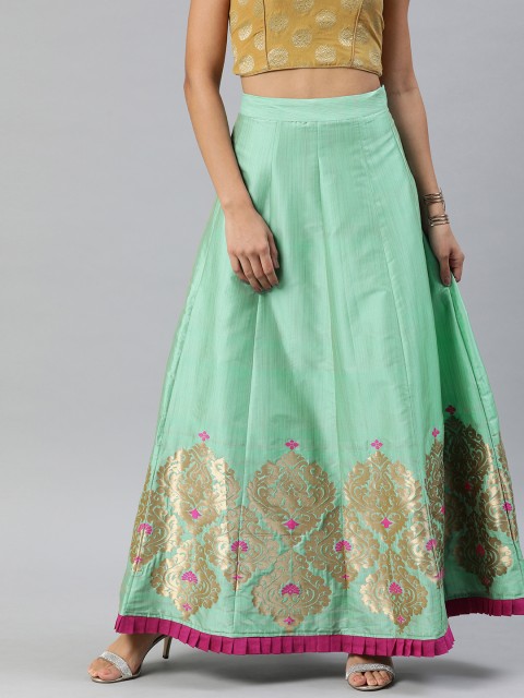 

Inddus Women Sea Green & Golden Woven Design Flared Maxi Skirt