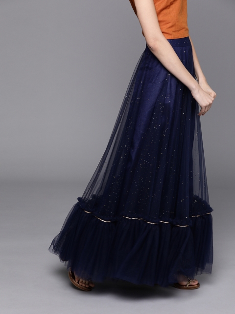 

Inddus Navy Sheer Flared Ruffled Embellished Skirt, Navy blue