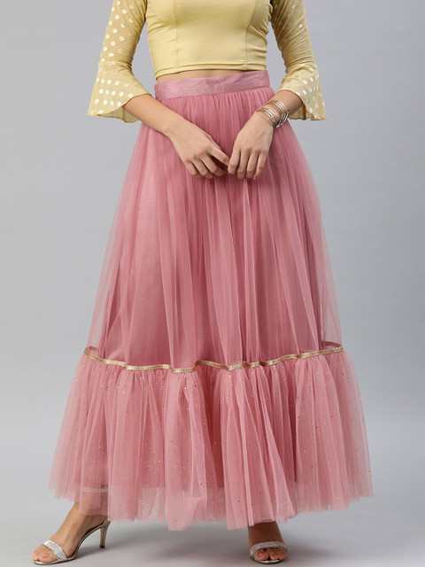 

Inddus Women Pink Embellished Net Flared Ruffle Maxi Skirt